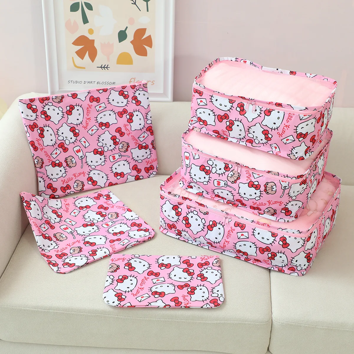 Kawaii Sanrio Hello Kitty Duffels 6-piece Set Cute Anime Storage Bag Packing Clothes and Shoes Travel Storage Bag Hangyodon