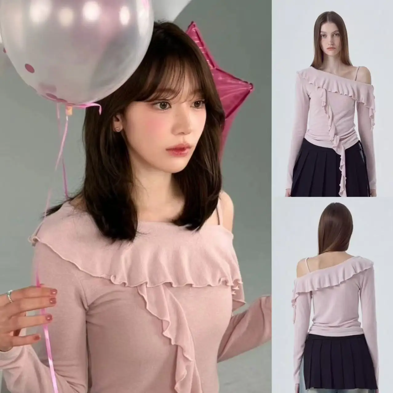 

Sweet Slim Fit Long Sve T-irt with Lace Trim oulder Design Korean Sle Autumn New Arrival Women's Faion Top