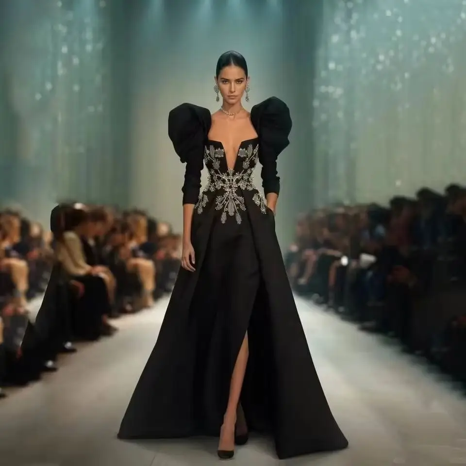 New Couture Party Dresses Applique Pockets Black Beads Layered 34 Sleeves Beading Prom Gowns Long Draped Formal Dress