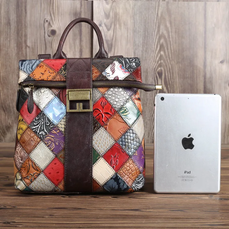 Edgy Boho Color-Blocked Backpack, Top-Grain Cowhide Rucksack, Vintage Ethnic Street Style Bag for Women