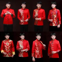 Tang Suit Red Traditional Chinese Clothing Men Hanfu Embroidery Top Dragon Print Vintage Satin Kungfu New Year Party Etiquette