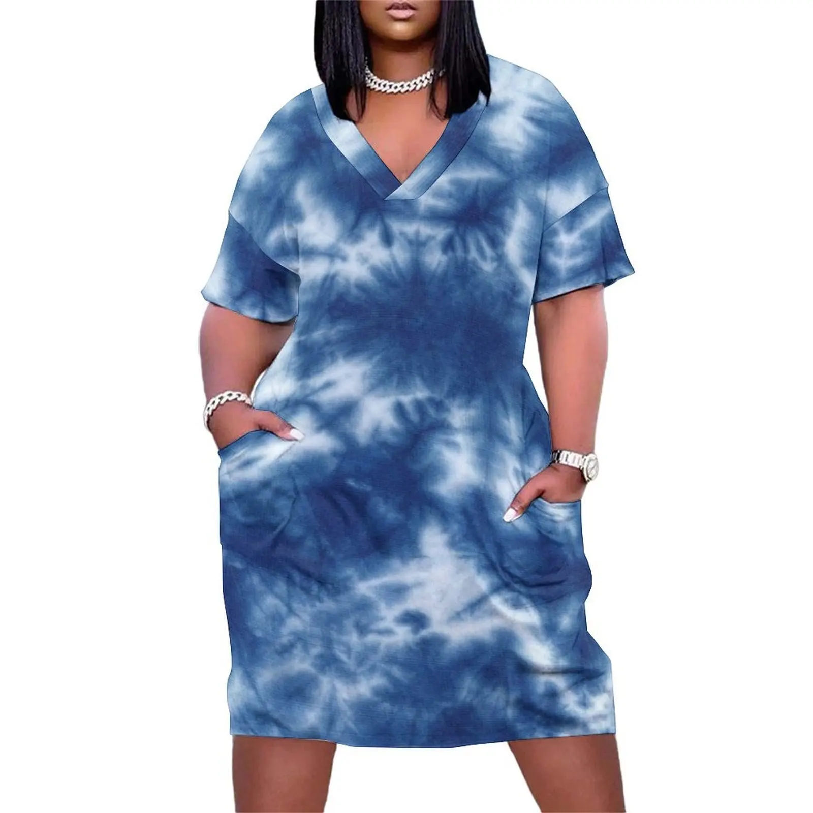 Blue Batik Tie Dye Shibori Ethnic Textile Art Pattern Loose Pocket Dress summer dress daily clothes for women Long dress woman