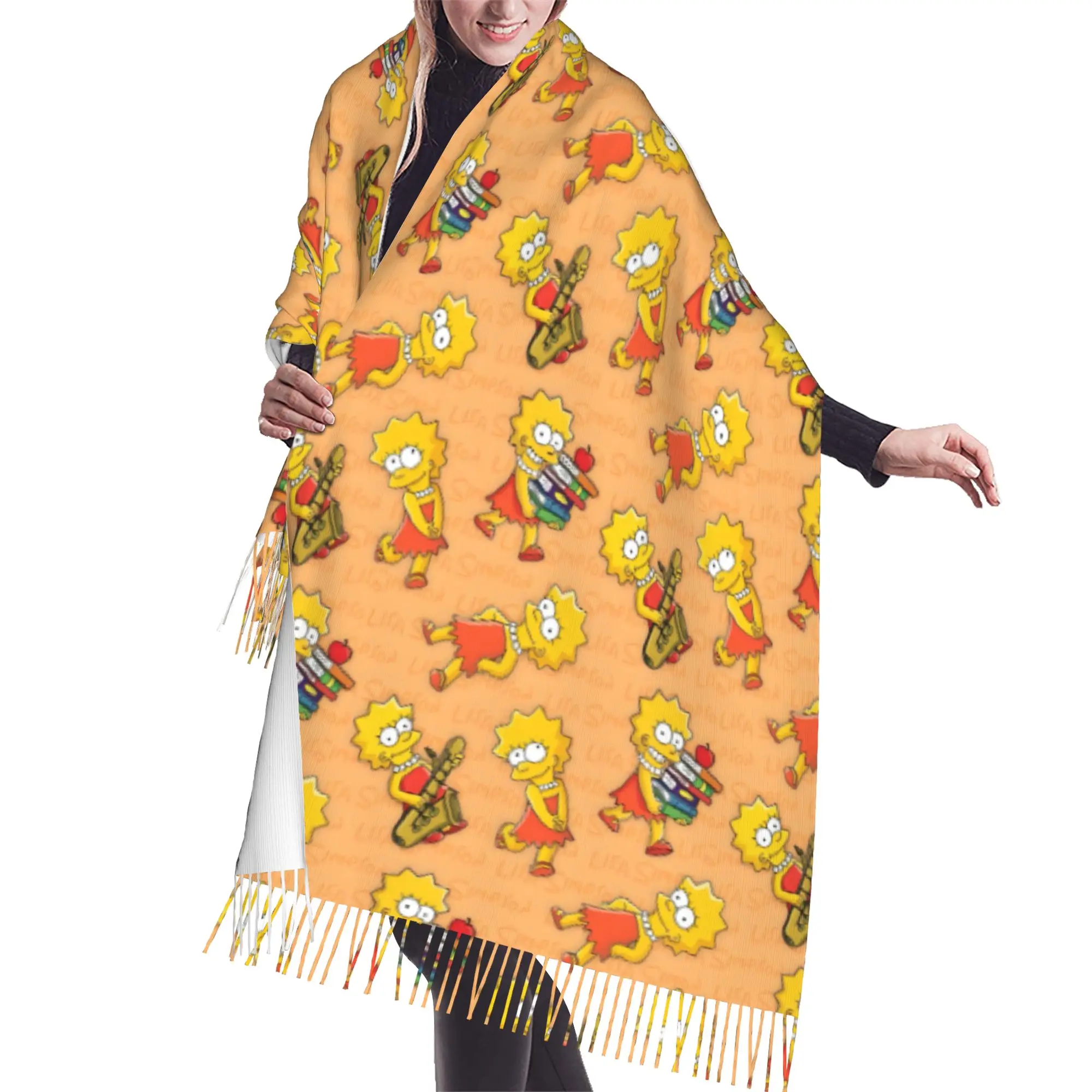 Custom S-Simpsonsed Anime Tassel Scarf Women Soft Homer Cartoon Shawls Wraps Female Winter Fall Scarves