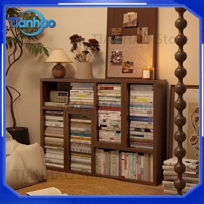 Solid Wood Bookshelf Storage Rack Floor Standing Modular Shelving Unit for Living Room Sideboard Half Enclosed Partition