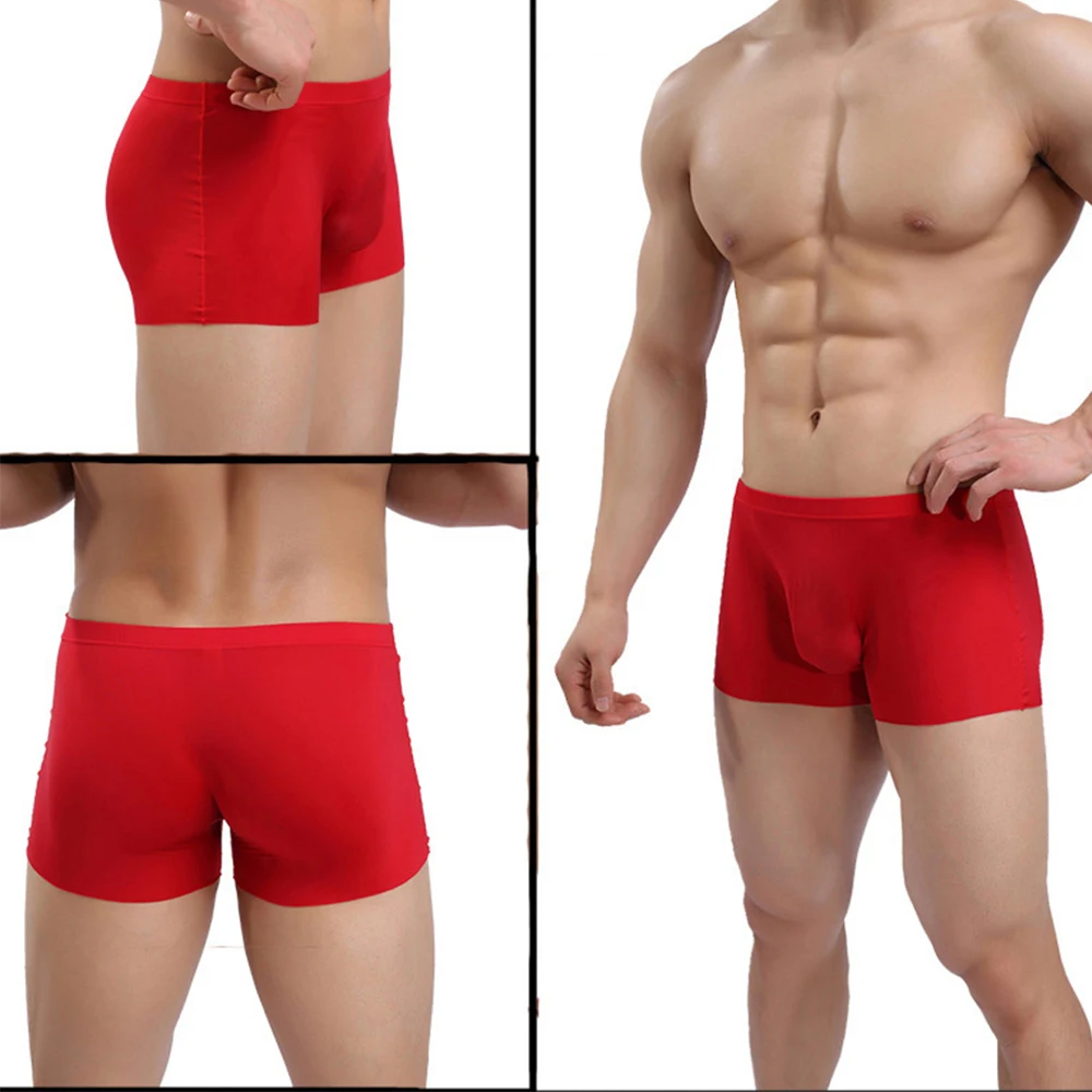 Boxers sexis de seda helada sin costuras con bolsa grande para hombre, calzoncillos transparentes, ropa interior fina para hombre, bañadores, calzoncillos Boxer planos transpirables