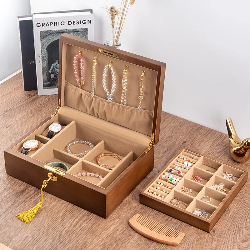 Wooden Jewelry Box with Lock Luxury Couple Jewelry Box Double Layer Vintage Retro Storage Boxes Organizer Watch Holder Product