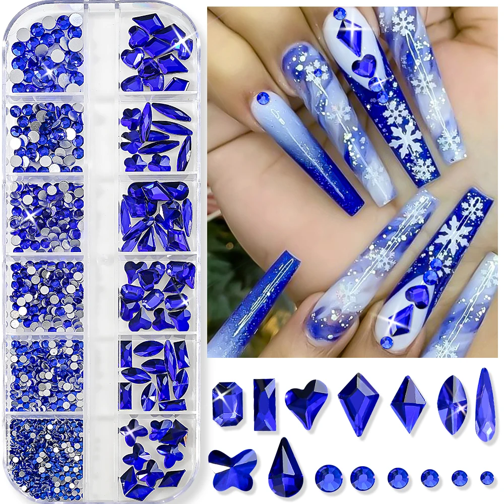 12Grids 3D Luxuries Sapphire Ice Blue Nail Rhinestones Round/Heart/Square/Rhombus FlatBack Nail Rhinestones Jewels Nail Supplies