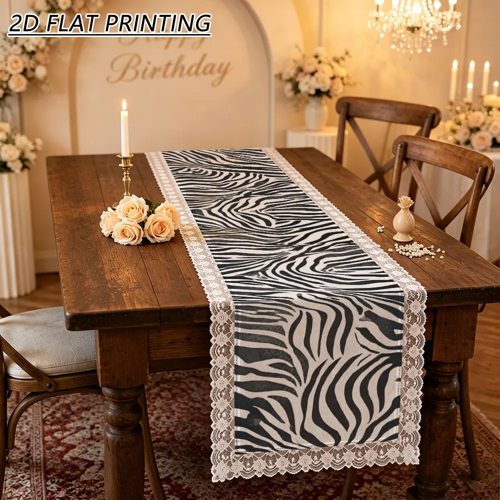 1pc Zebra Animal Print Pattern Tulle Lace Table Runner For Wedding Dining Room Event Decor