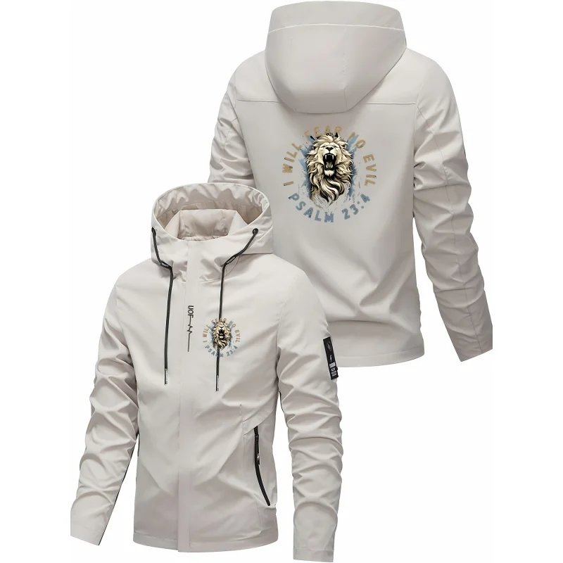 

Мужская классическая куртка с капюшоном, винтажный принт с изображением льва, уличный стиль, парижские модные вещи.
