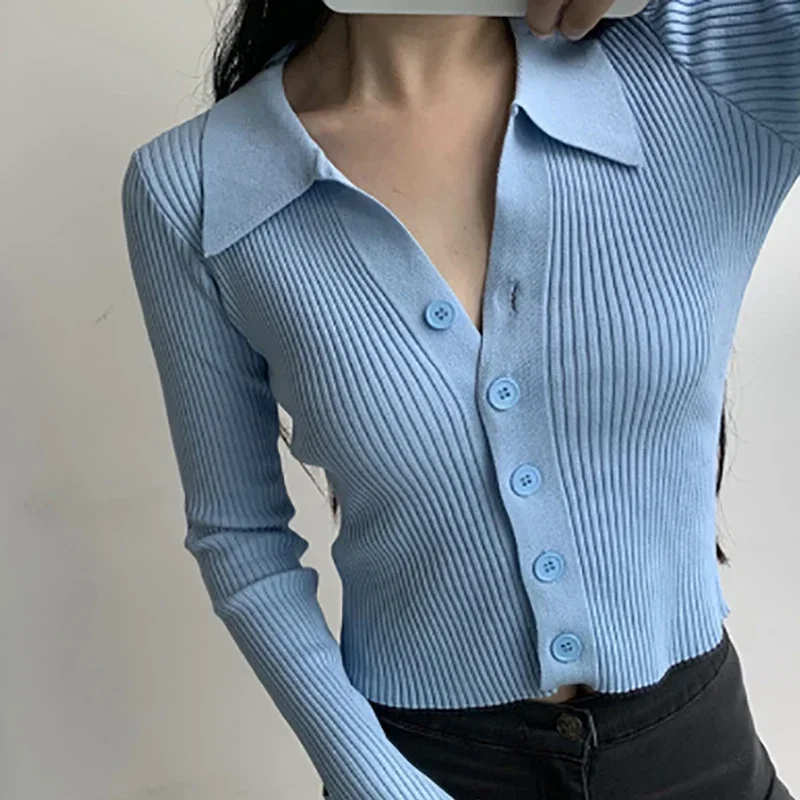 Women V-Neck Single-breasted Cardigan Sweater Polo Neck Long Sleeve Knit Short Sweater Casual Sweater Women Fall Winter