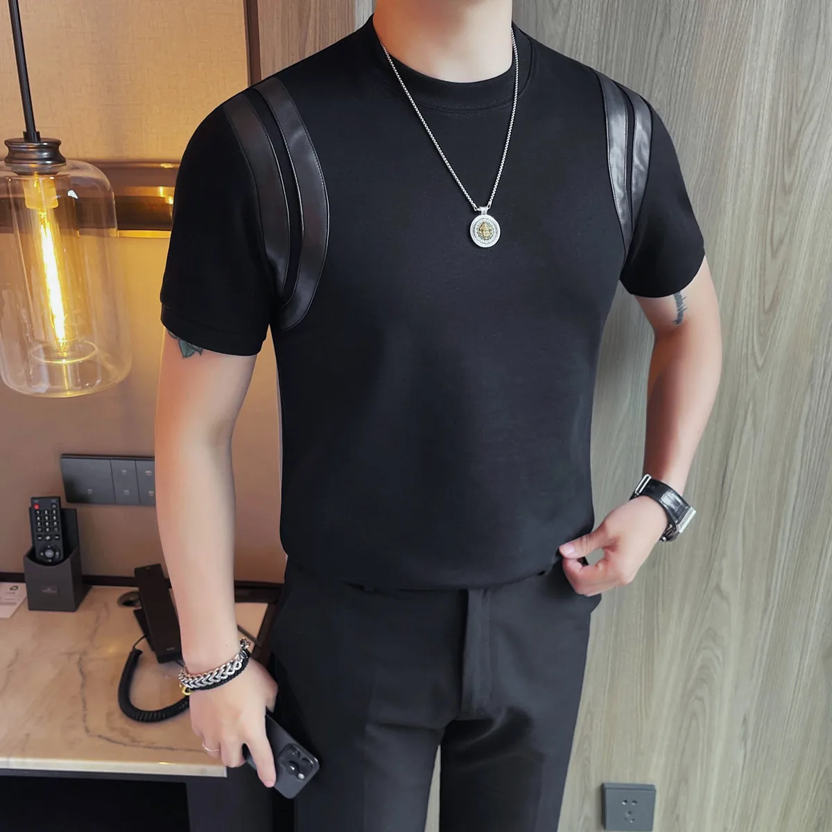 Trendy Design Short Sleeved T-shirt for Men Summer Slim Fit Round Necked Casual T-shirts Cotton Business Versatile Tee Tops 2026