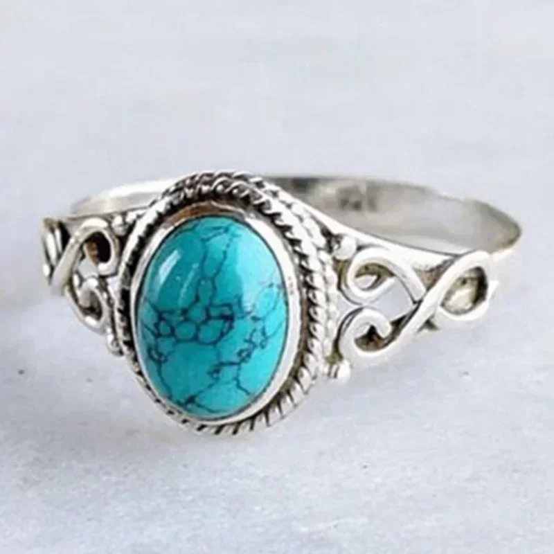 Fashion Retro Elegant Ring Natural Turquoise Ring Wedding Engagement Birthday Party Anniversary Commemorative Gift Retro Elegant