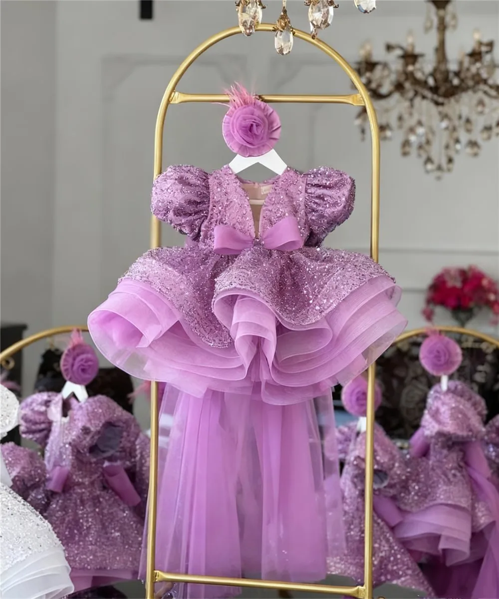 

Customized Glitter Flower Girl Dress For Wedding Sequined Bow Puffy Cute Baby Kids Birthday Princess First Communion Ball Gown