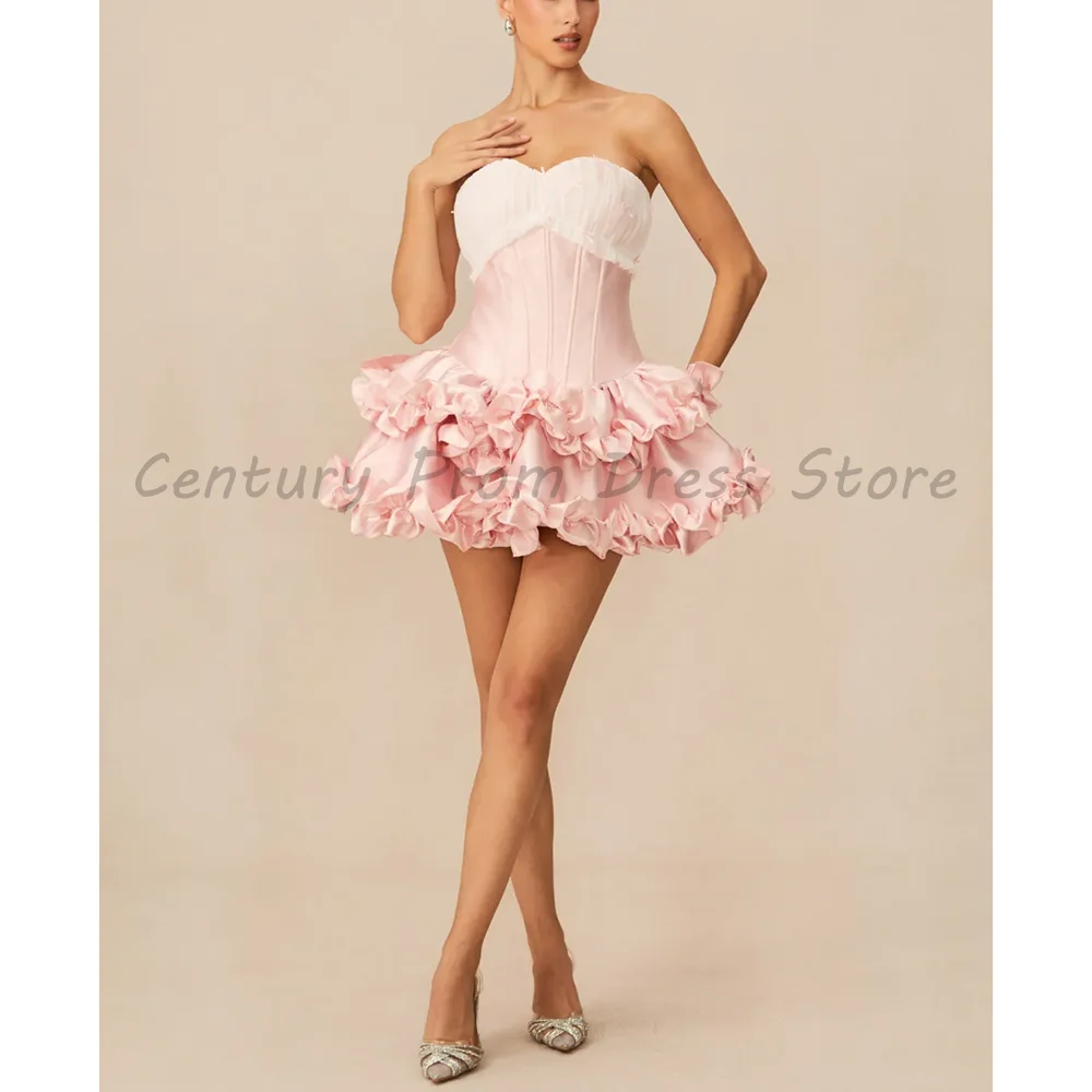 

Glamorous Pink Strapless Corset Mini Prom Dress 2026 Luxury Sweetheart Neck Ruffle Satin A-Line Cocktail Party Gown For Women