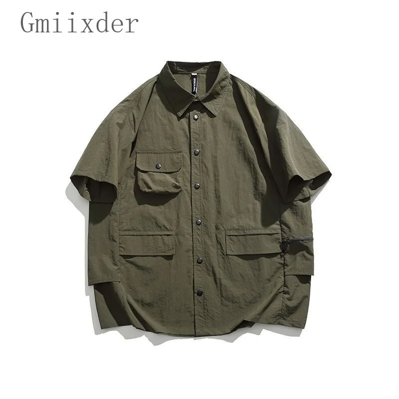 Japanese Multi Pockets Shirt Unisex Workwear Short Sleeve Blouse Men Summer Oversize Lapel Techwear Simple Cbutton Jacket