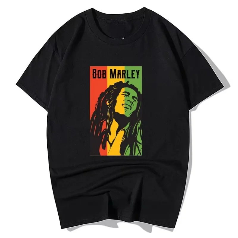 Bob Marley Reggae Portrait Print T-shirt Men Vintage Music Short Sleeve Trendy Pure Cotton Loose Casual Streetwear Top