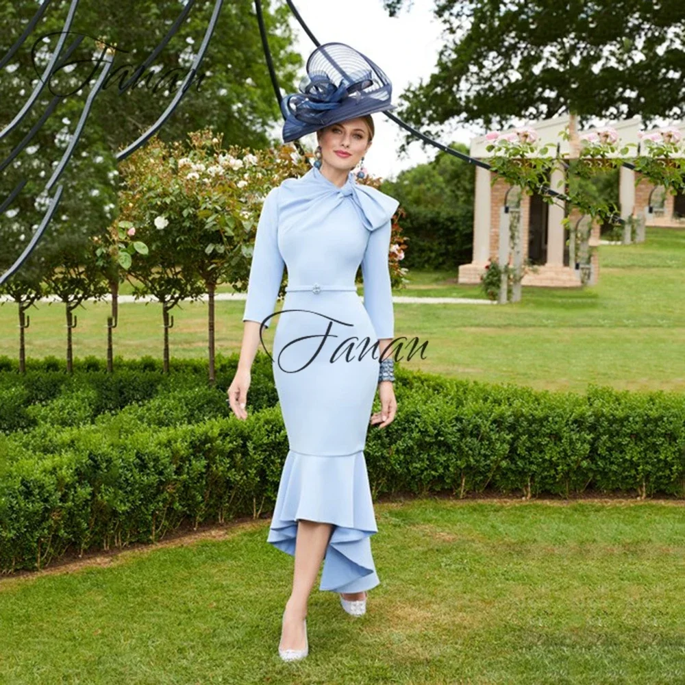 Customized Light Blue Midi Mother Of The Bride Dresses Three Quarters Sleeve Ruched Mermaid Wedding Guest Dress vestidos de noch