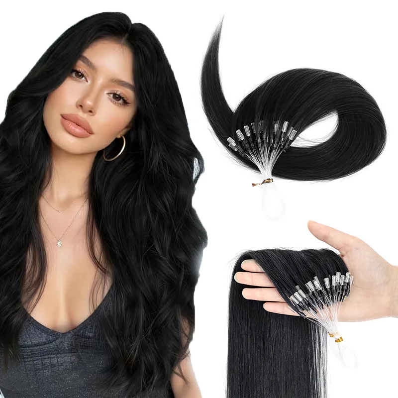 Micro Loop Hair Extensions Human Hair Soft Keration Glue With Micro Loop Line Straight Natural Hair Micro Link HairPieces 12-20Inch 30G