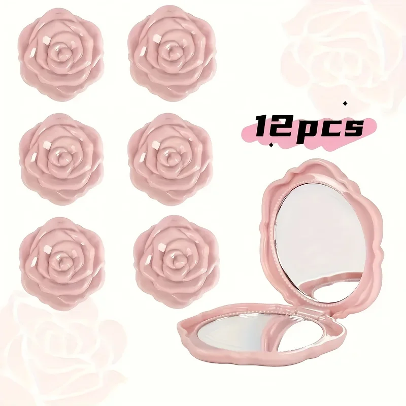 12 Stück rosa Rose kompakte Taschenspiegel 3D-Blumen kompakter kleiner Spiegel Kunststoffrahmen klappbare doppelseitige Hand-Make-up-Spiegel