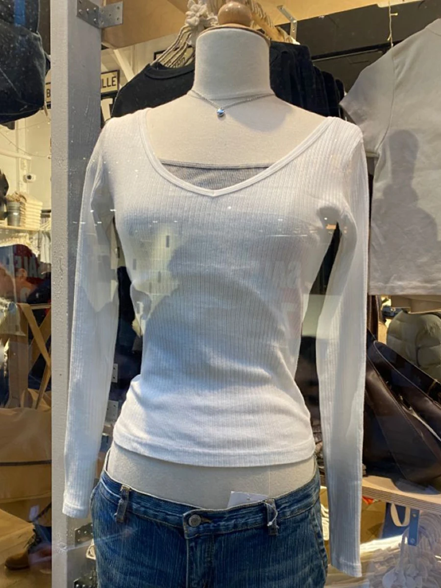 

Vintage Gray Ribbed Slim T-shirt Women Sexy V-neck Cotton Long Sleeve Tees Female Autumn Solid All-match Casual Crop Top New