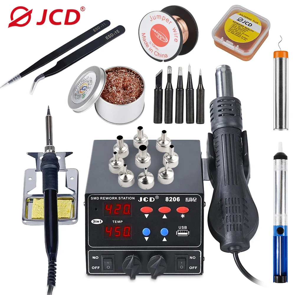 

800W Soldering Station 3 IN 1 Hot Air Gun Soldering Iron USB Connector Rework Station For Phone BGA Welding Repair Tools JCD 889