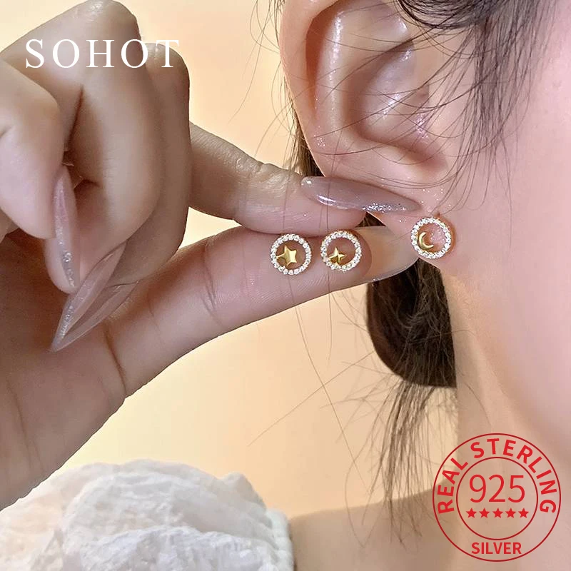 

Real 925 Sterling Silver Hollow Round Zircon Tiny Moon Star Stud Earrings For Women Trendy Elegant Fine Jewelry Accessories