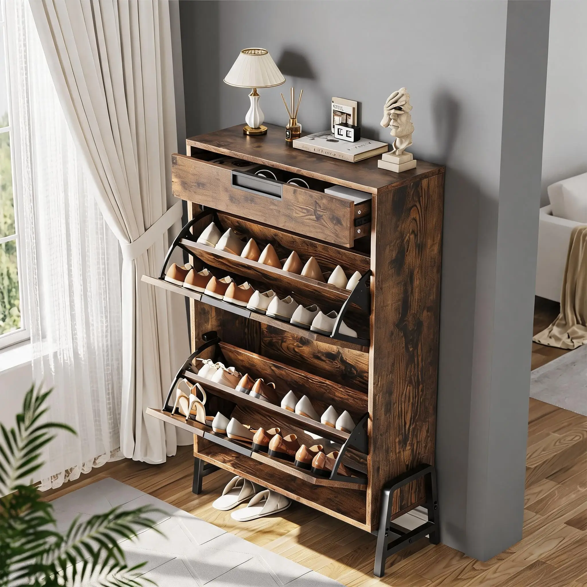 Armadio sottile per riporre le scarpe, con cassetti a ribalta, design moderno, realizzato in legno, modello autoportante, con ripiani a più livelli e regolabili, ideale per l’ingresso, il corridoio,