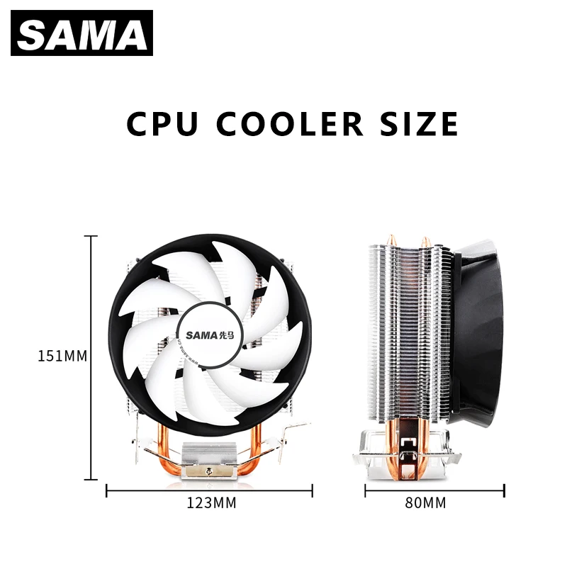 SAMA-enfriador de CPU para PC, 2 tubos de calor, 95W, TDP, radiador silencioso para Intel LGA 1700 2011 1200 1150 X79 X99 E5 AMD AM3 AM4