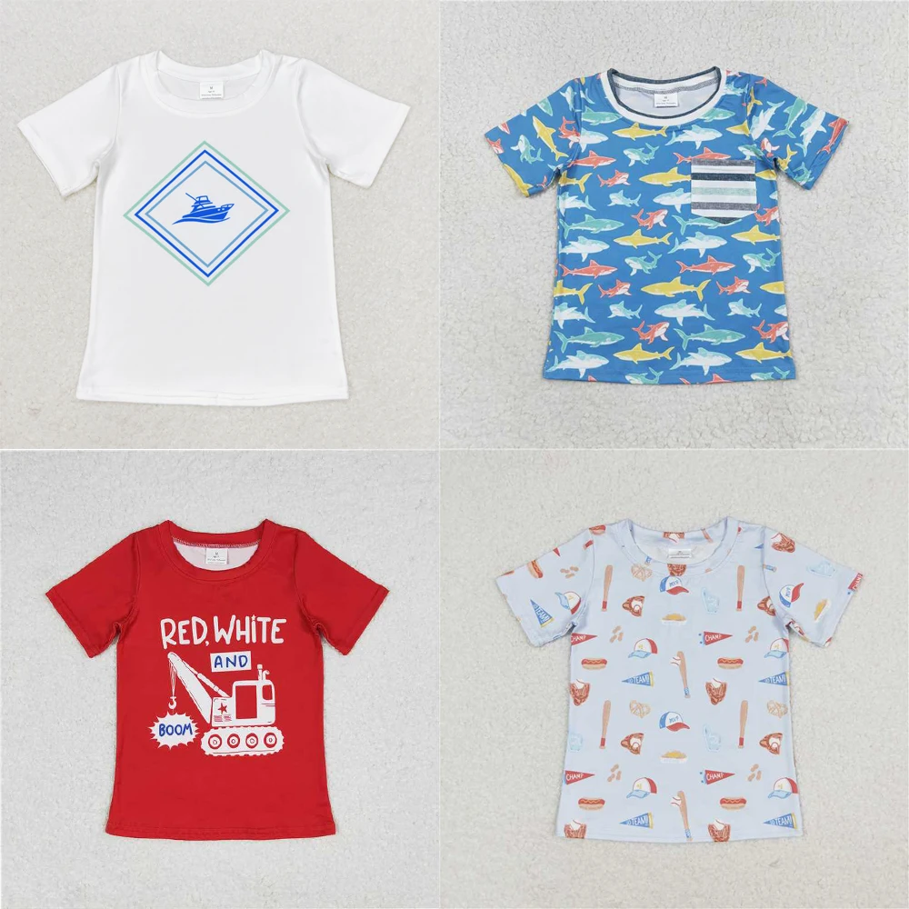 

Wholesale summer t-shirt western boutique children clothing baby boys clothes Baseball cap flag Light brown short-sleeved top