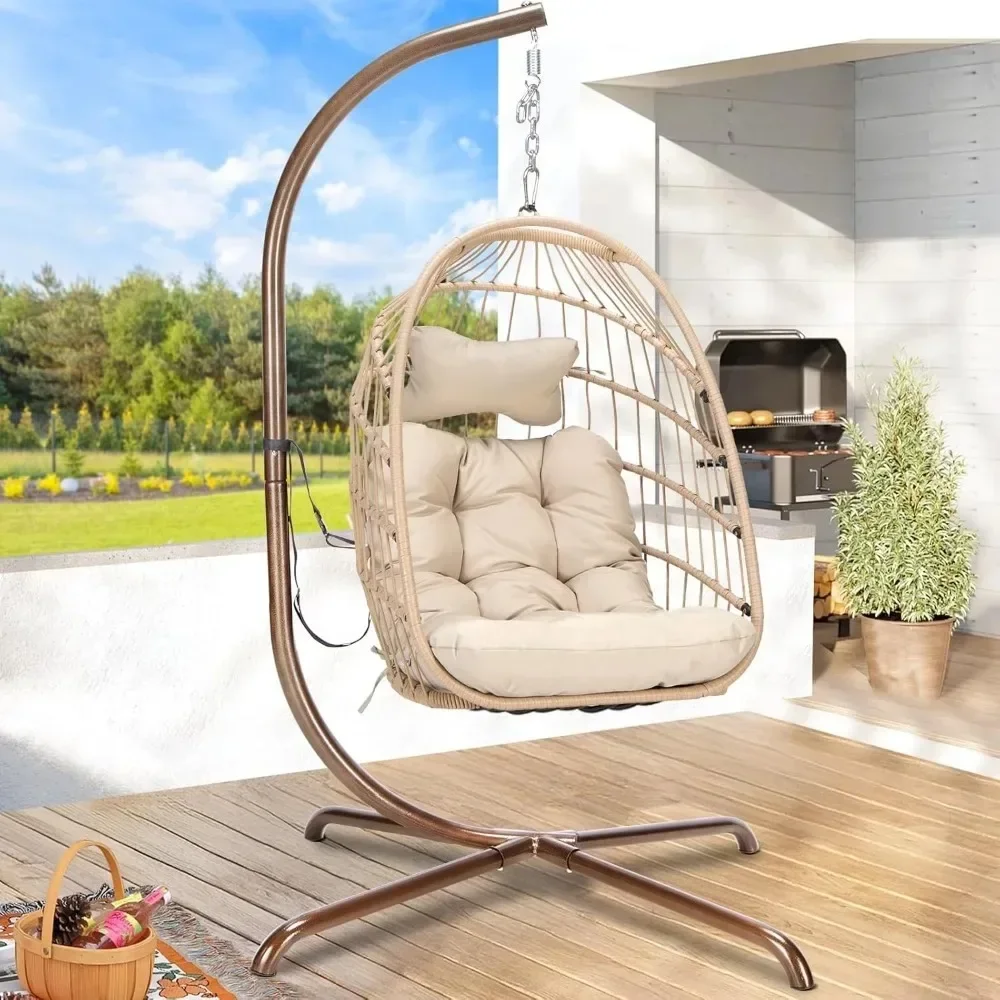 

Outdoor Swing Egg Chair with Stand, 350Lbs Heavy-Duty Wicker Egg Hanging Patio Chairs W/Thick Cushion Comfy Porch Chair