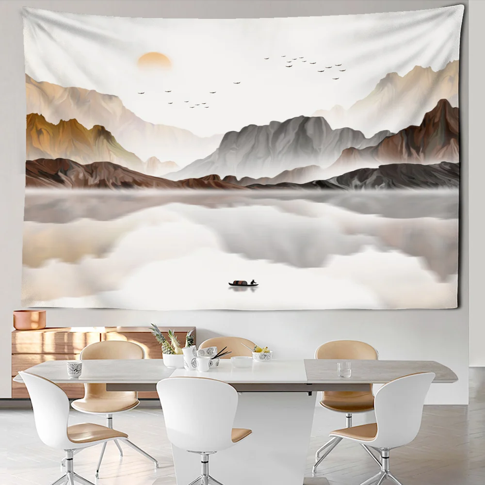Ink Painting Tapestry Wall Hanging Mountain Lake Landscape Pattern Tapestry Office Bedroom Home Dormitory Artist Residence Decor