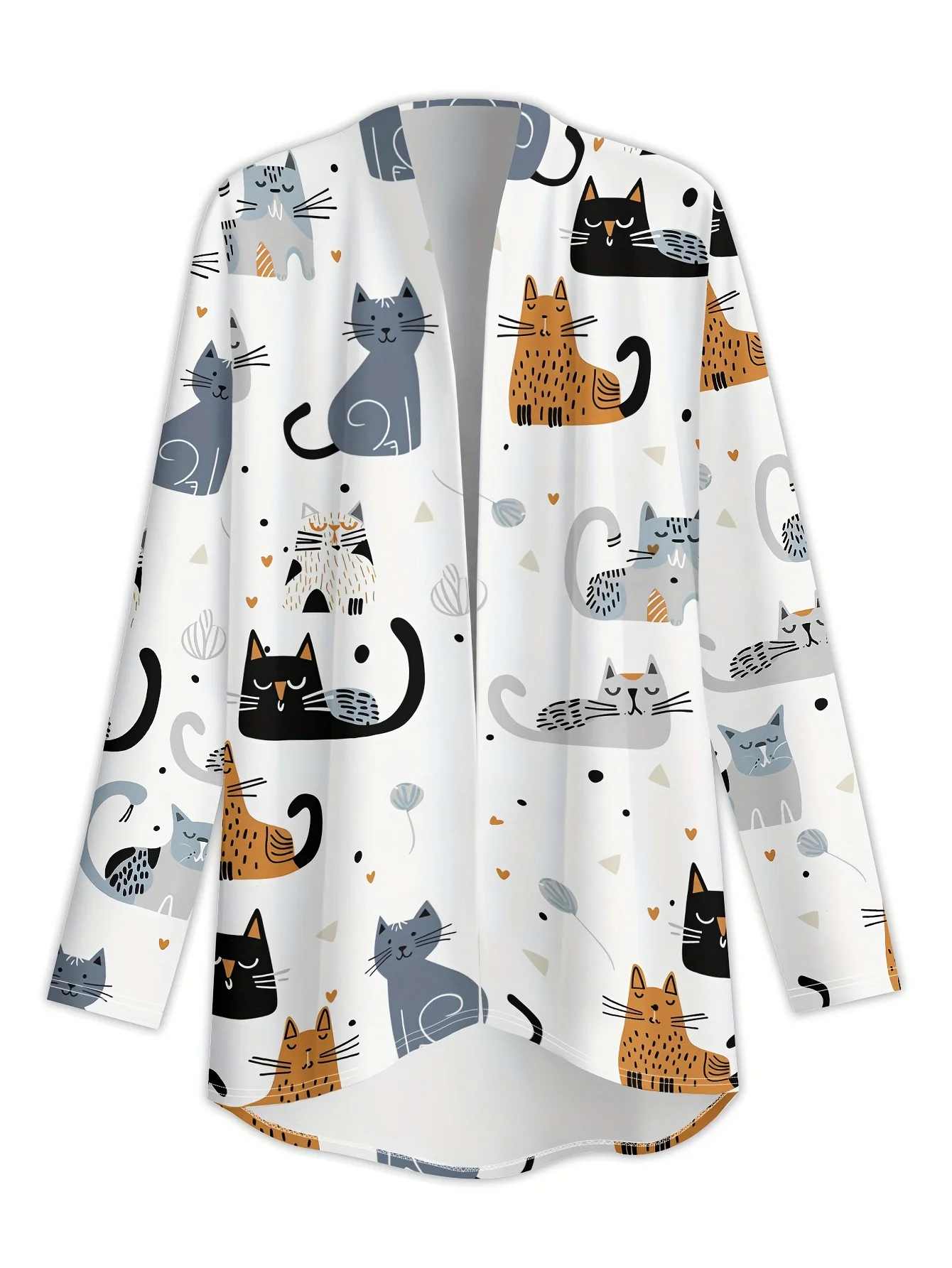 2025 Women's Cute Cat Printed Long Sleeve Cardigan, Polyester Open Front, Lightweight Cover Up, Spring Autumn Casual Coat