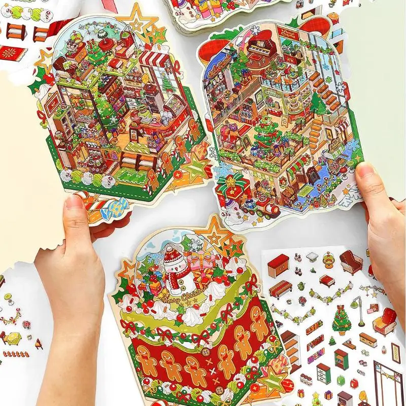1/4개 크리스마스 미니어처 디오라마 풍경 스티커 귀여운 만화 포켓 DIY 장면 장식 미적 문구 스티커