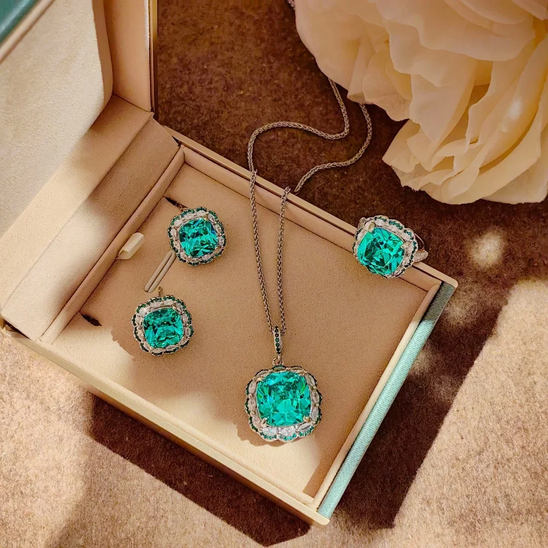 Light Luxury Square Simulated Colored Zircon Jewelry Set, Ladies 925 Sterling Silver Earrings Necklace & Ring