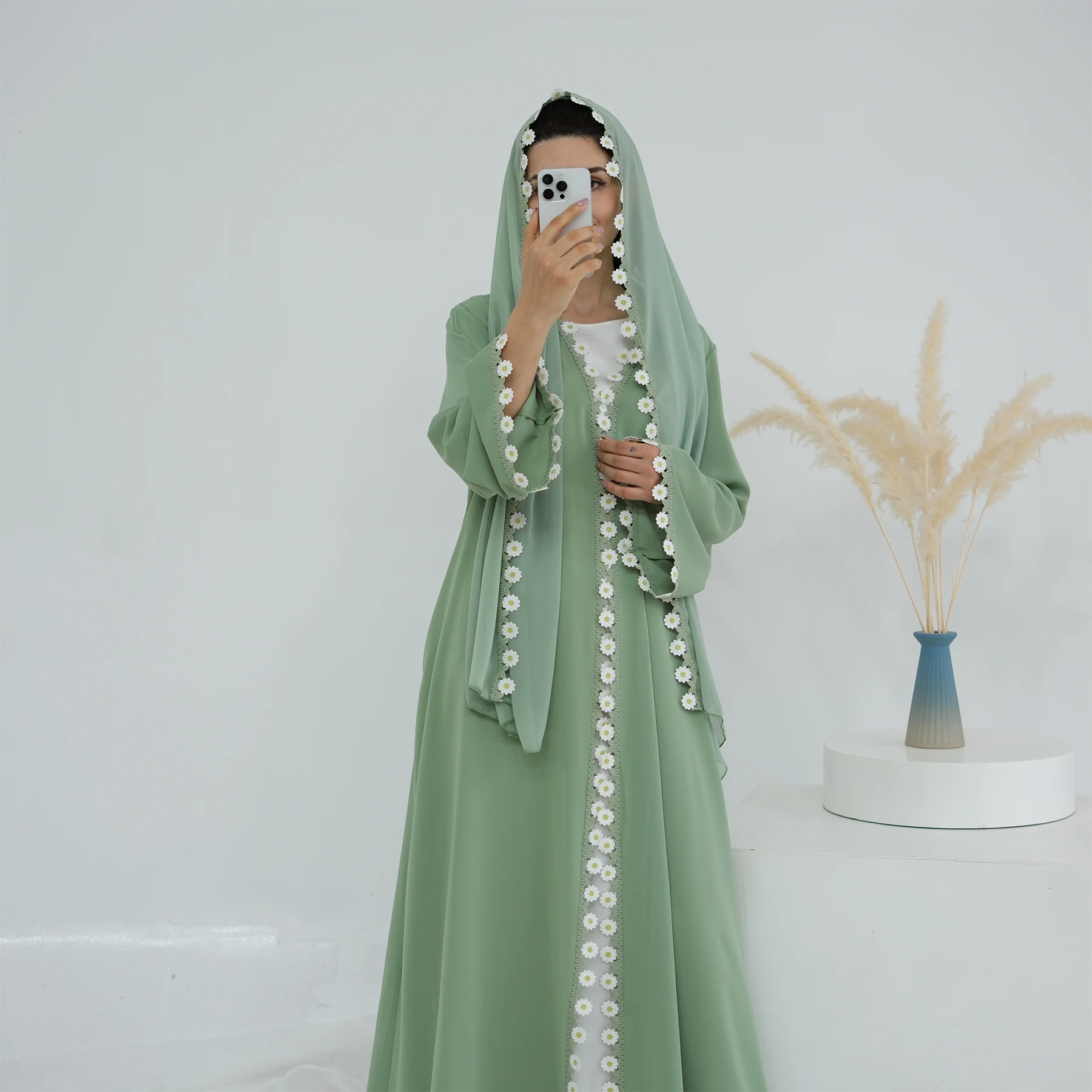 2025 floral renda abaya com cachecol atacado turco roupas islâmicas dubai elegante cardigan com hijab abaya feminino aberto abaya