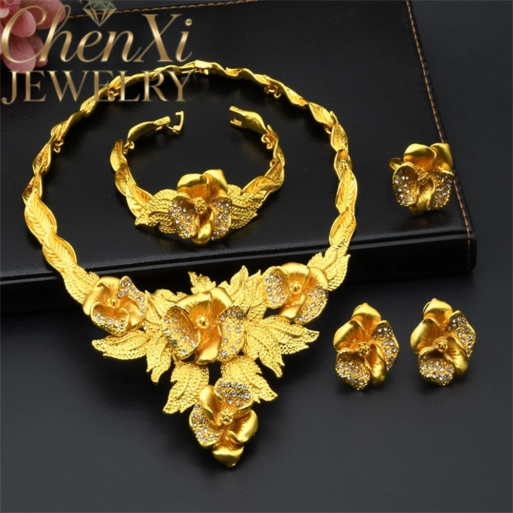 High-End Luxury Elegant Alluvial Gold Fashion Popular Jewelry Set Women Wedding Party Banquet Necklace Earrings Ring 4pcs Gift