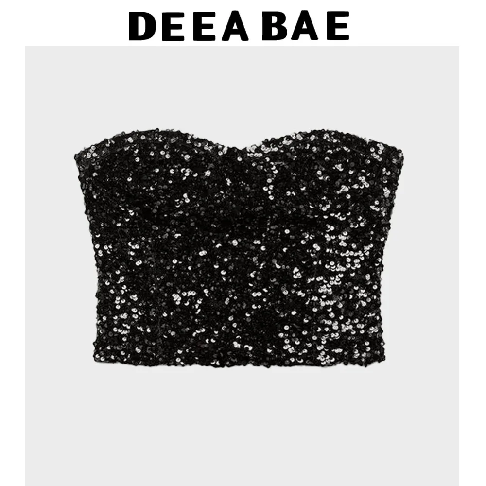 DEEABAE Women's Corset Western-style Backless Sequined One-line Chest-wrapped Short Top Temperament Tube Top Vest