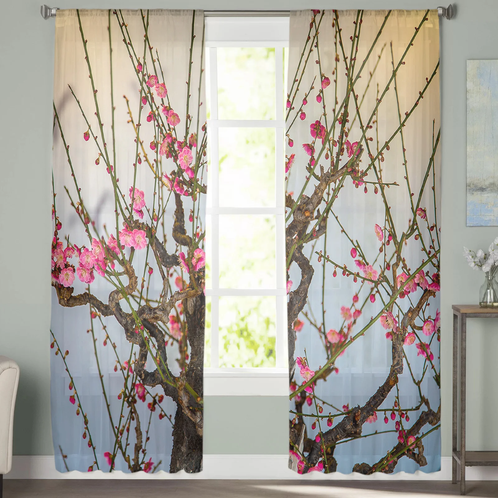 Flowers Bloom In Spring Sheer Curtain for Living Room Bedroom Voile Drape Kitchen Window Tulle Curtains Home Essentials