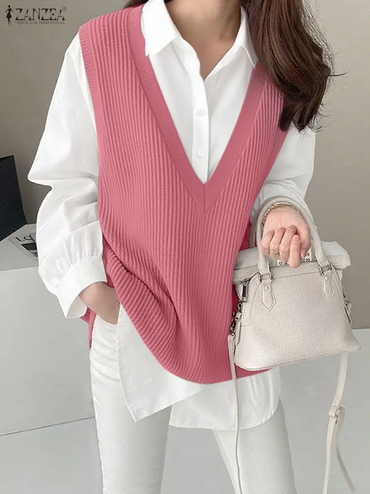 2025 ZANZEA Autumn Elegant Lapel Neck Long Sleeve Office Shirt Blouses Women Patchwork Tops Stylish Fake 2 Pieces Pullover Mujer