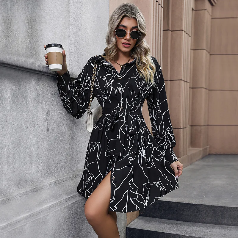 

Women Chiffon Dress Full Sleeve Autumn Fashion Clothes Short Maxi Female V Neck Abstraction Clothes Beach Costume 2023 vestidos