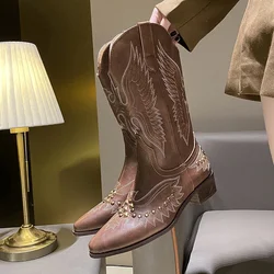 Thick Heel Women Embroidery Western Cowboy Boots Fashion Rivet Slip On Long Booties Autumn Winter Female Shoes