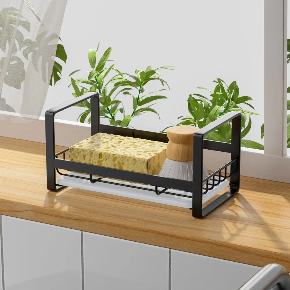 

Kitchen Sponge Holder Stainless Steel Plastic Sink Drainer Black Multi functional Storage Rack For Kitchen Bathroom Use