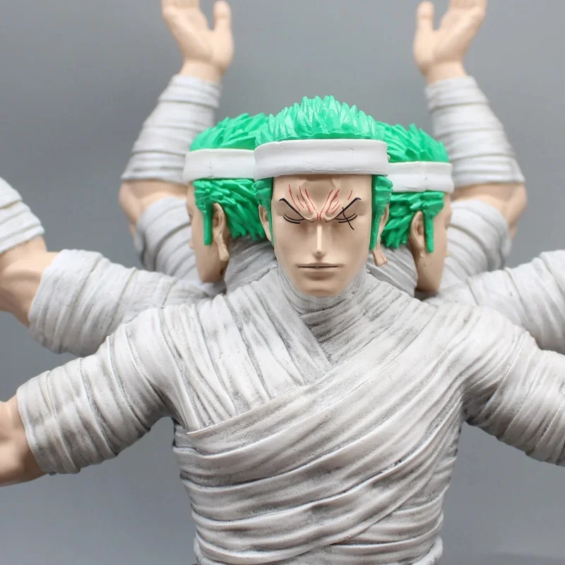 27cm One Piece Anime Figure Gk Three-headed And Six-armed Roronoa Zoro Bandage Wine Meat Doll Model Desktop Decoration Toy Gif