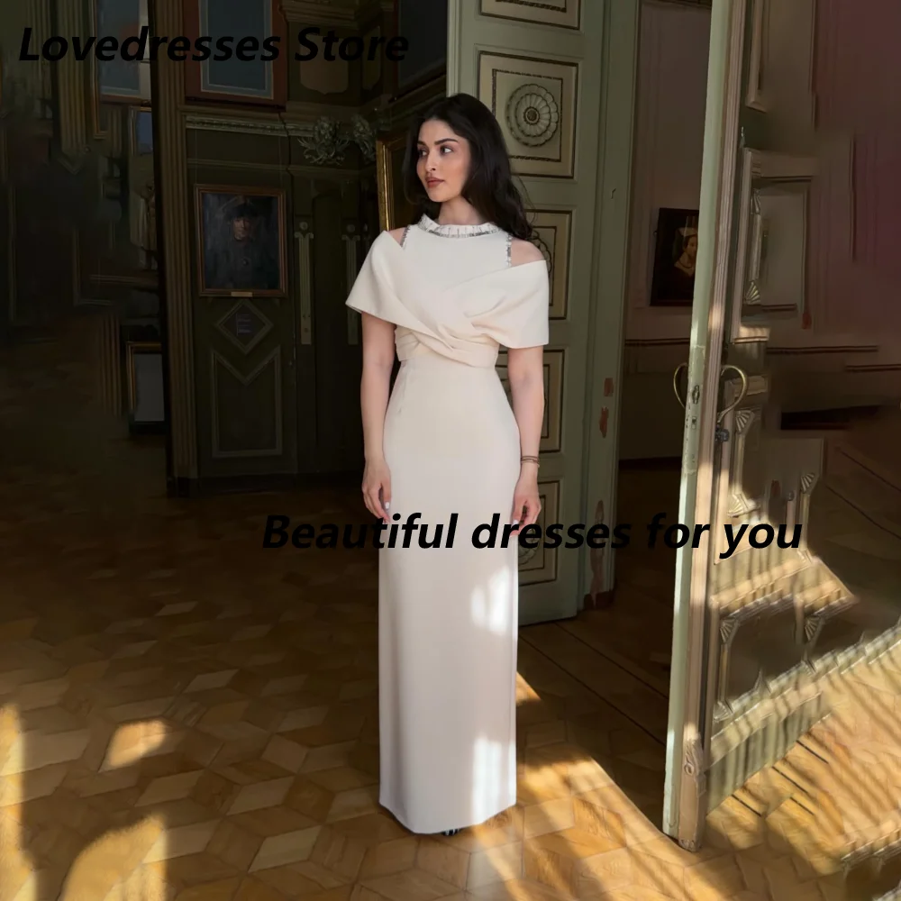 Customized Ivory White Cold Shoulder Draped Mother Of The Bride Gown Rhinestone Collar Crepe Sheath Wedding Evening Maxi Dress