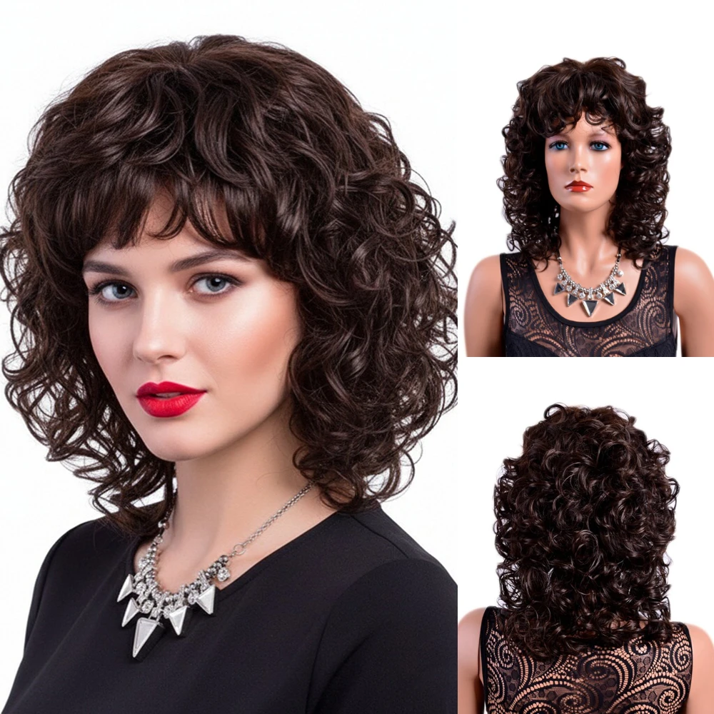 

MSIWIGS Women Brown Curly Synthetic Wigs with Bangs Heat Resistant Afro Wig for Daily Wear