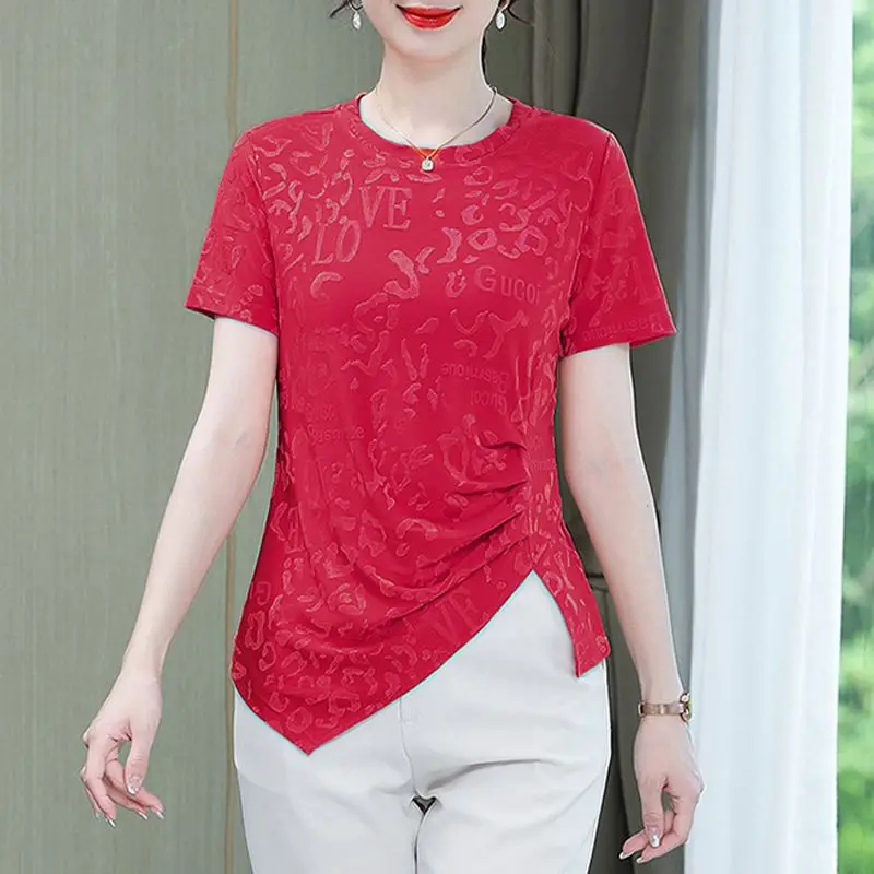 New Summer Women's Solid Colors O-Neck Short Sleeve Loose Thin Irregular Shirring Pullovers Fashion Casual Commute Tops