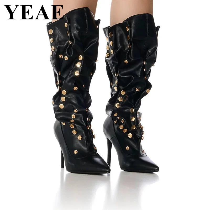 

Sexy Black Pointed Toe Button Mid Calf Boot Women Fashion Rivet Pleated Stiletto Boots Woman High Heels Party Ladies Shoes 2024