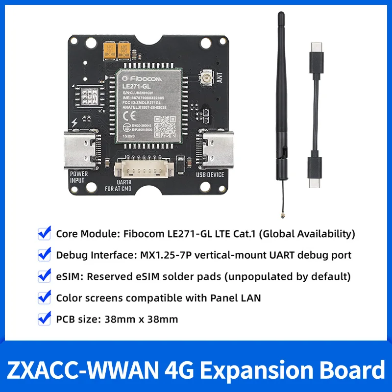 ZXACC-WWAN 4G Expansion Board Cellular Communication Global Common LE271-GL CAT-1 Include Antenna for Qiming Display ESP32 Board
