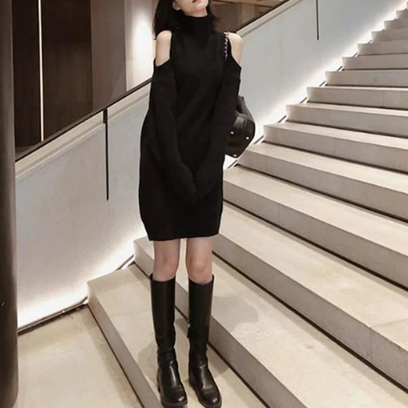Women Turtleneck Cold Shoulder Knit Dress Long Sleeve Loose Mid Length Sweater Dress