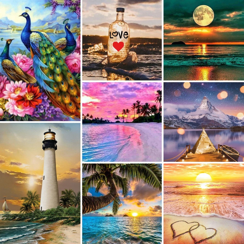 5D Diamond Painting Landscape Painting Peacock Drifting Bottle Double Heart Beach Mosaic Embroidery Cross Stitch Kits Home Decor